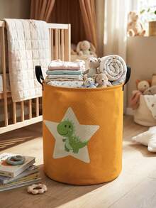 1pc Large Capacity Foldable Round Storage Basket With Cartoon Dinosaur Print, Durable Fabric Laundry Hamper With Handle, Multi-Purpose Storage Bin For Nursery, Diapers, Clothes, Baby Supplies - Multicolor - View 15