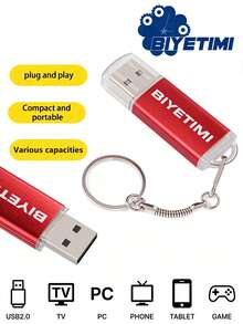 BIYETIMI USB 2.0 Flash Drive With Keychain, Red Metal USB Memory Stick, Portable Thumb Drive For Data Storage, Compatible With Laptop/PC/Car Audio - View 1