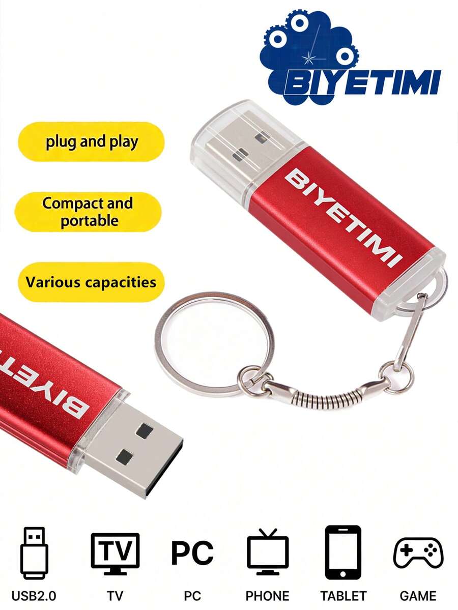 BIYETIMI USB 2.0 Flash Drive With Keychain, Red Metal USB Memory Stick, Portable Thumb Drive For Data Storage, Compatible With Laptop/PC/Car Audio - View 1