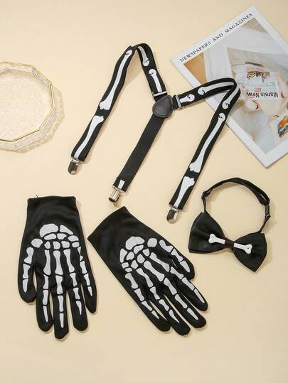 3件套趣味骷髅服装套装，包括骷髅手套、背带和领结，适合万圣节角色扮演、主题派对、角色扮演游戏、复活节、狂欢节、圣诞节、情人节和舞台表演装饰。