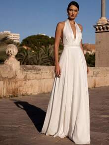 Basrey New White Open Shoulder Deep V-Neck High Waist Backless Evening Gown, Long Dress, Perfect For Formal Banquets, Bridesmaid, And Party Occasions Wedding Spring - White - View 5