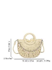 1pc Semi-Circle Hollow Handbag, Fashionable Beach Vacation Straw Bag - Beige - View 3