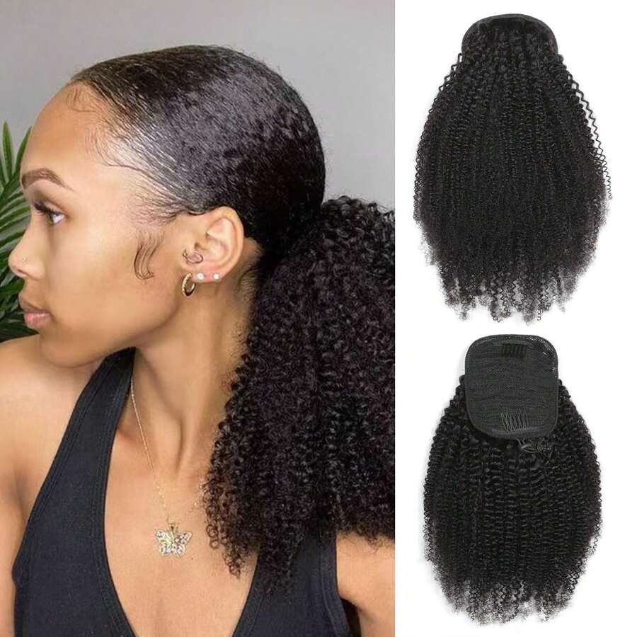 BINF Wig ekor kuda keriting 4C Afro hitam alami 18 inci dengan tali serut, cocok sebagai hadiah Hari Ibu.