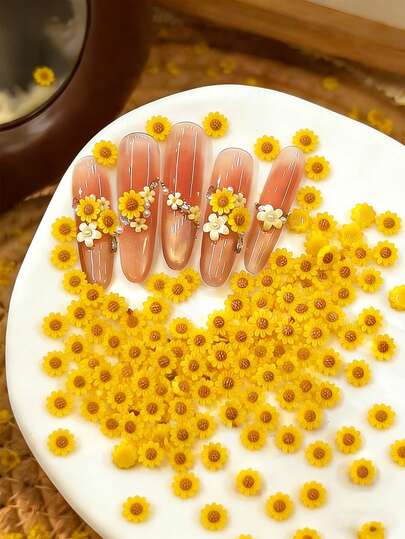 50 piezas Encantos de arte de uñas 3D de flores, girasoles amarillos, flores de margarita de primavera lindas, piedras de resina planas para decoración de uñas, suministros de arte de uñas para mujeres DIY