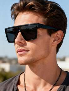 1pc Men's Square Plastic Frame Classic Popular Design Modern Minimalist Style Sunglasses, Suitable For Outdoor Leisure Activities, Golf, Business, Street Photography, Fishing, Driving, Travel And Other Scenarios - màu đen - Xem 12