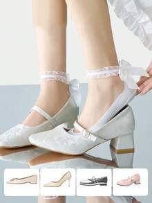 5双装女士蕾丝蝴蝶结隐形无痕袜，超薄冰丝防滑隐形内衬袜，可爱荷叶边蝴蝶结鞋套，适用于平底鞋、高跟鞋和乐福鞋 - 彩色 - 查看 2