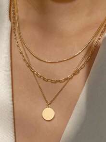 3pcs Jewelry Set: Round Snake Chain, Square Paperclip Chain, Layered Design With Cubic Zirconia Sunflower Pendant, Suitable For Women's Daily Wear (Random Chain Length) - Yellow Gold - View 1