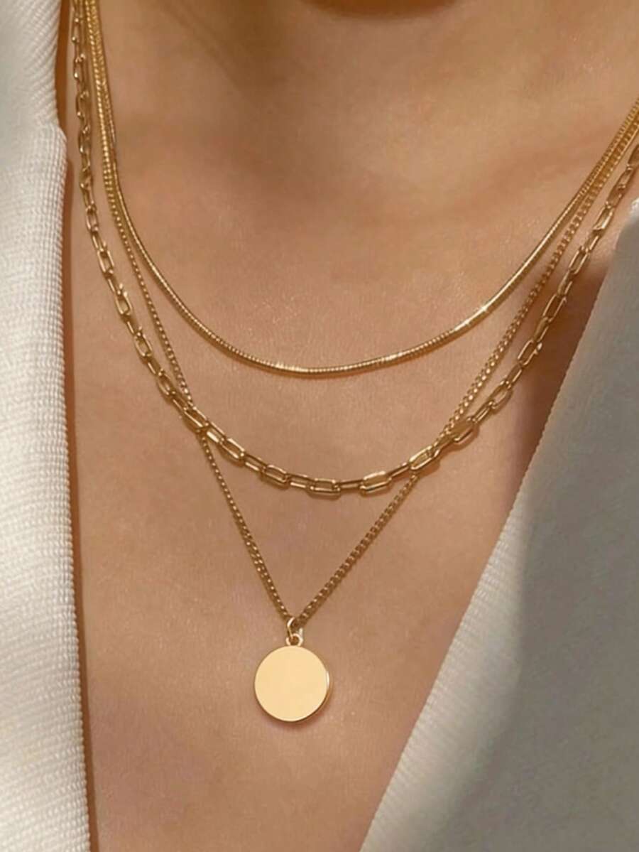 3pcs Jewelry Set: Round Snake Chain, Square Paperclip Chain, Layered Design With Cubic Zirconia Sunflower Pendant, Suitable For Women's Daily Wear (Random Chain Length) - Yellow Gold - View 1