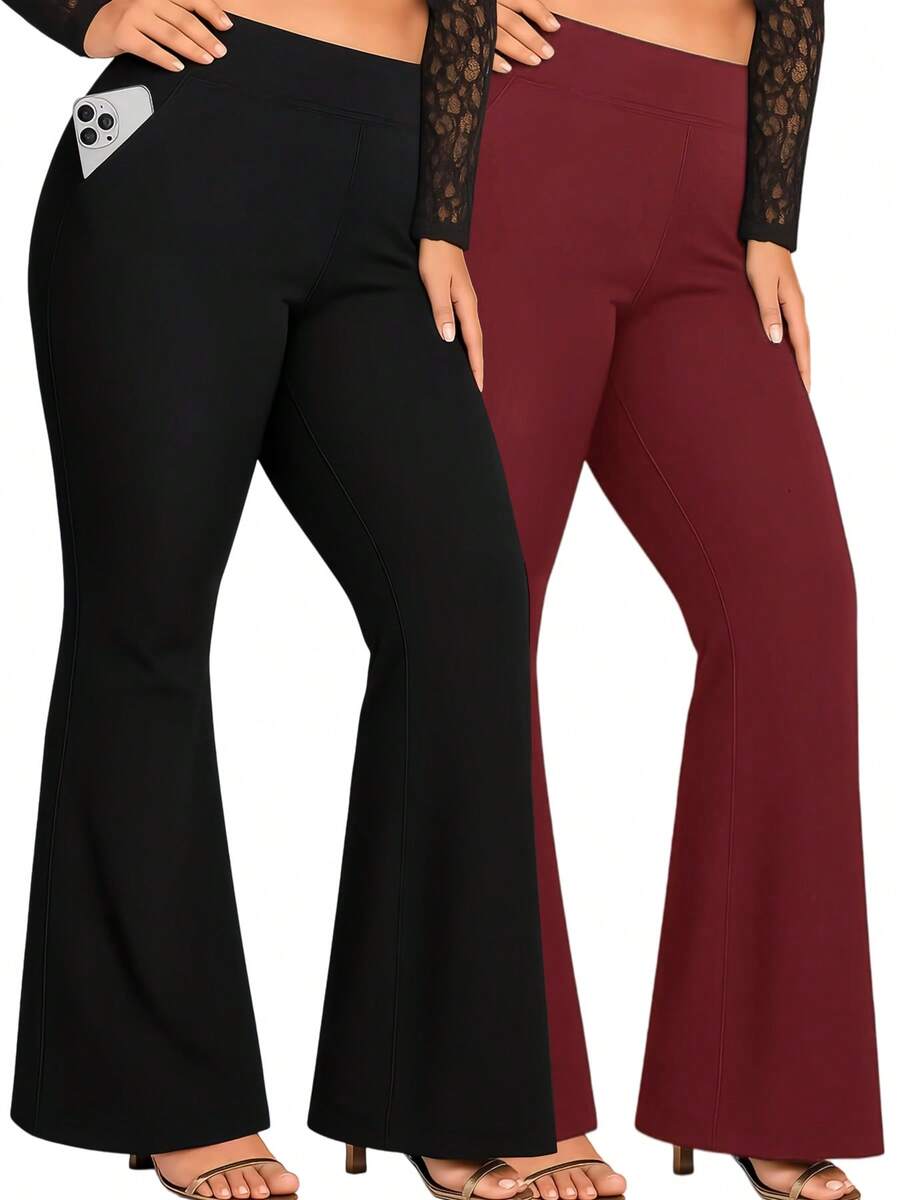 2-Pack Women's High Waist Solid Black Gray Red Flared Leggings With Side Pockets, Tummy Control Yoga Pants For Fitness, Running, Workout, Casual Daily Wear, Comfy Stretch Sport Pants - 2PCS(Black,Red) - 查看 1
