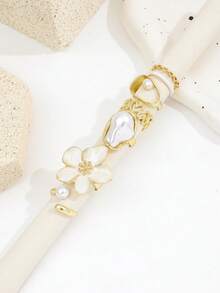 5pcs Handmade Enamel Drip Oil Five-Petal Flower Ring Set, Delicate Luxurious Baroque Pearl Rings For Women - Gold - View 3