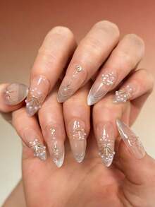 qihangxin 10pcs Handmade Long Fake Nails, Pink With Gold Accents And Pearls, 3D Gold Embossed French, Sapphire Cat, Rhinestone Red, Summer Style, Nude Pink Base, Blue, Gold And Silver Grey, 3 Options, Almond Shape, Suitable For Daily Wear, Free Tool Set - Grey - View 12