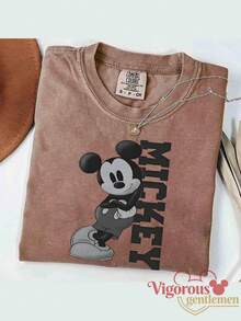 Summer Travel Short Sleeve T-Shirt, Disney Mickey Mouse Retro Letter Print Casual T-Shirt, Unisex Short Sleeve - 咖啡棕 - 查看 2