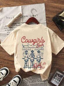 1 pieza de camiseta de verano para mujer con cuello redondo y manga corta, estampado de vaquera occidental y letras en inglés, holgada, casual y versátil. Adecuado para verano, playa, calle, uso diario, trabajo, fiesta de oficina, salida, carnaval, festival de música, día de San Valentín, fiesta. Elegante Top de Mujer Estilo Y2K Milenio, Ropa de Vacaciones para Damas. Blusa Elegante para Mujer de Oficina, Top Bonito, Atuendo de Vacaciones para Mujer, Vestido para Citas Nocturnas, Camisa Elegante para Damas, Vestido Casual de Verano, Atuendo de Vacaciones para Mujer. Camiseta Unisex de Manga Corta y Cuello Redondo de Algodón, Estilo Vintage Urbano, Color Blanco - Albaricoque - Ver 3