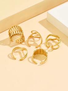 5pcs Geometric Asymmetrical Line Stainless Steel Ring Set, Elegant Hollow Streamlined Open Ring, 18K Gold Plated Waterproof Tarnish Resistant Jewelry For Daily Wear - Geometry - View 6