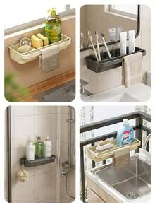 Estante de almacenamiento de cocina montado en la pared con soporte para esponja y escurridor de platos - Estante de almacenamiento de fregadero de plástico PP duradero y ahorra espacio, juego de estante de almacenamiento multifuncional de plástico para esponja, jabón, toalla, instalado sobre el grifo, accesorios modernos para fregadero de cocina, accesorios de baño, accesorios de cocina, almacenamiento de cocina - Multicolor - Ver 9