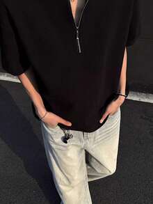 Tシャツ メンズ 半袖 夏服メンズ ワッフル柄 ハーフジッパー アメリカンスタイル ヘンリーシャツ風 ルーズフィット ストリート カジュアル デザイン性豊か - ブラック - チェックする 3