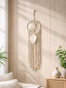 1 chiếc đồ trang trí treo tường dệt thủ công, kiểu Boho, có tua rua, dùng để trang trí nhà cửa, căn hộ, quà tân gia hoàn hảo, trang trí phòng tập yoga (Không bao gồm đèn) - Màu be - Xem 6