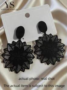 1pair Fashionable Ultra-Thin Computer-Etched Floral Earrings, High Quality Black Earrings, Perfect For Women's Daily Wear - Black - View 7