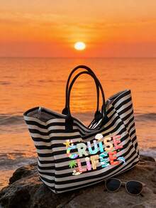 Cruise Life 条纹沙滩手提包套装，大容量帆布夏季度假手提包，配有配套收纳袋，热带邮轮主题单肩包，适合海滩旅行、购物，是邮轮度假、海滩休闲、泳池派对和日常使用的理想之选，适合女性、旅行者、邮轮爱好者和度假达人，是复活节、暑假、生日和节日送礼的完美选择，多功能用途，可用作沙滩包、手提包、旅行包和邮轮配件。 - 彩色 - 查看 2