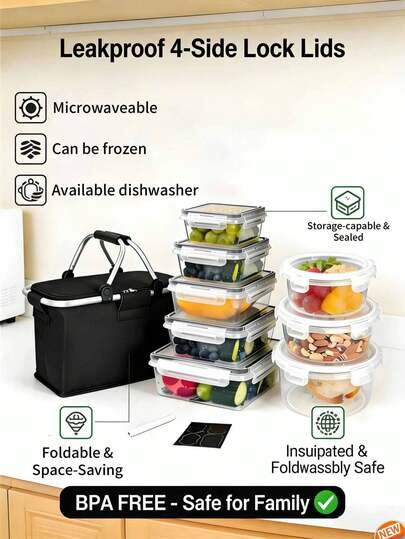 6/3/1 حاويات تخزين الطعام مع سلة غداء معزولة قابلة للطي (خيارات متعددة)، صناديق قابلة للتكديس ومقاومة للتسرب بسعة كبيرة، حقيبة معزولة محمولة قابلة للطي مع مقبض، بطانة من رقائق الألومنيوم السميكة من قماش أكسفورد، آمنة للغسل في غسالة الأطباق، مقاومة للماء والبقع؛ مناسبة لتخزين المطبخ والنزهات والتخييم والسفر والمكتب، هدية رائعة لعيد الأم وعيد الأب والكريسماس وهدايا الاستقبال