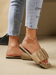 2026 Summer New Arrival Square Toe Pleated Flat Slide Sandals - Khaki - View 4