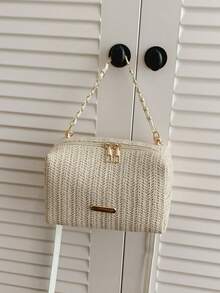 1pc Women's Fashion Solid Color Straw Handbag, Commute & Vacation Straw Shoulder Bag, Suitable For Shopping, Vacation - Beige - View 7