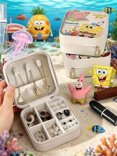 SpongeBob SquarePants 1 pieza Caja de joyería de cuero con 4 compartimentos con temática de Bob Esponja, caja de almacenamiento de joyería de escritorio de lujo con múltiples compartimentos, ranuras para tarjetas y estilo de anime de Bob Esponja en colores aleatorios, caja de almacenamiento portátil y apilable para joyas, pendientes, collares, pulseras y accesorios, caja de almacenamiento esencial para mujeres