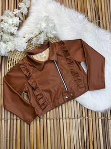 Girls' Faux Leather Jacket With Front Ruffle, Double-Sided Zipper, And Modern Collar – Black And Brown, Sizes 2 To 10 Years - 鏽棕色 - 查看 12
