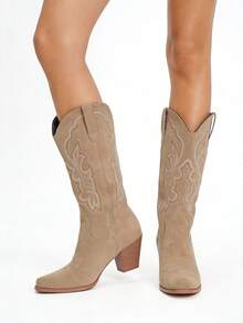 Women's Western Embroidered Boots Chunky Heel Boots Outdoor Fashion Mid Calf Boots Cowboy Boots With Pointed Toe Party Dresesy Comfortable Riding Boots For Women - 卡其色 - 查看 4