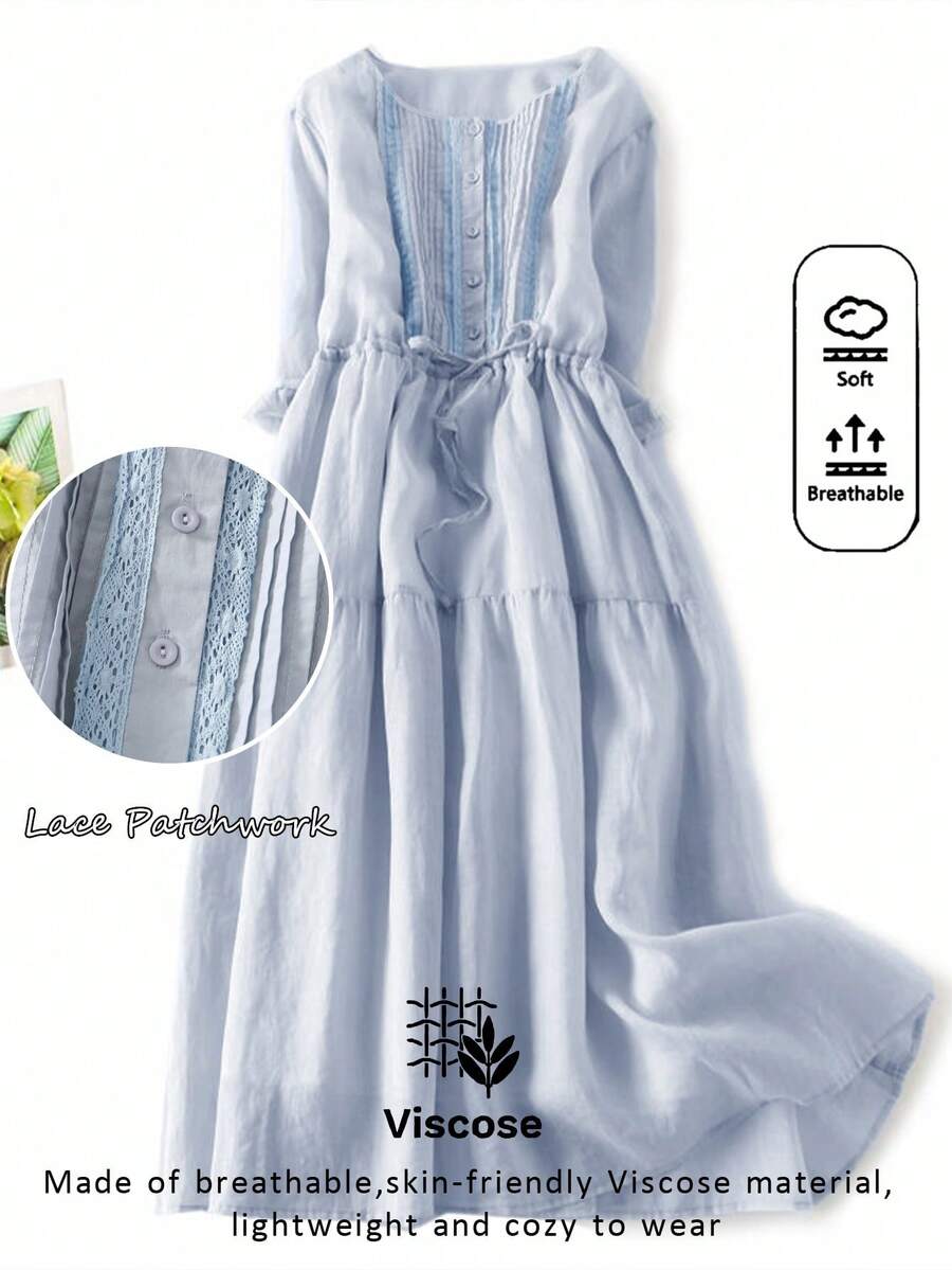 Women's Viscose Embroidered Loose Retro Midi Dress, Lightweight And Casual, Suitable For Spring/Summer - Baby Blue - View 1