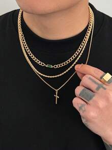 3pcs/Set Men's Punk Cross & Twisted Chain Necklace Set, Unique Design, Niche Style, Suitable For Casual Wear - Gold + Green - View 4