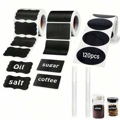 Bộ 120 nhãn dán sóng màu đen chống thấm nước, có thể tái sử dụng, thích hợp cho hộp đựng, lọ, gia vị, thực phẩm trong nhà bếp, kèm theo 1 bút phấn trắng.