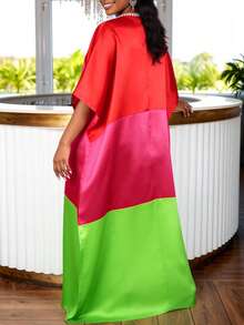 Vestido largo y suelto de satén para mujer AOMEI, con cuello en V, decoración de perlas y mangas tipo murciélago, vestido modesto tipo kaftan, adecuado para la iglesia y ocasiones formales - Rojo - Ver 3