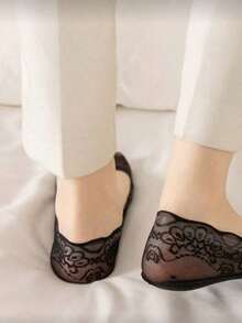 5 pares de calcetines invisibles de verano para mujer con encaje, ola y estampado floral, transpirables y antideslizantes, adecuados para uso diario o como regalo - Multicolor - Ver 4