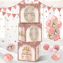 3 piezas de cajas de decoración para cumpleaños número 30 para mujeres, cajas de globos de cumpleaños número 30 en rosa pálido y oro rosa, suministros para fiestas con tema de treinta años - Cajas de decoraciones de cumpleaños 60 - Ver 13