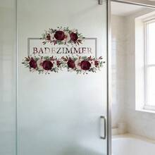BRUP 1pc Boho Floral Watercolor Wall Sticker, Removable Vinyl Decal With "BADEZIMMER" Text For Bathroom Door, Elegant Vintage Home Decor, Perfect Housewarming Gift - 1PC - View 2