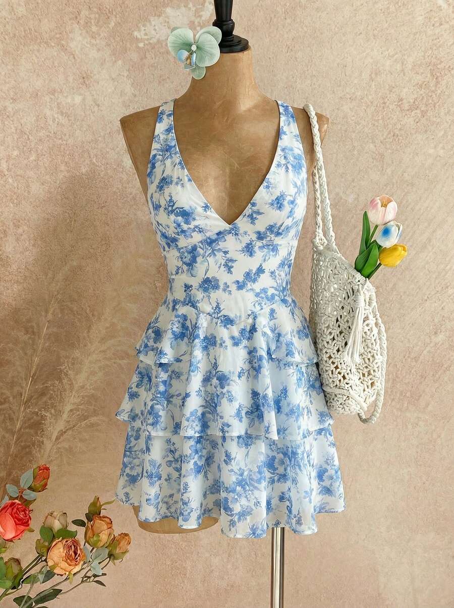 Temptaria 玫瑰印花荷叶边V领露背连衣裙，浪漫百搭，适合度假、毕业典礼、婚礼、返校、夏季休闲派对等场合。 - 藍白色 - 查看 1