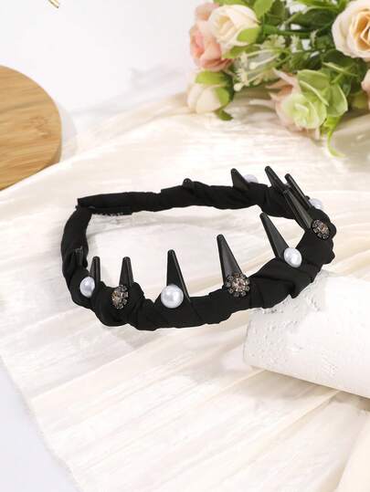 1 pieza Diadema vintage francesa para mujer con perlas y rhinestones, diseño antideslizante con agarre en los dientes, accesorio para peinados diarios, de fiesta, de viaje o de vacaciones