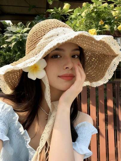 1顶女士沙滩帽，夏季镂空草编遮阳帽，旅行防紫外线帽，宽檐沙滩遮阳帽，可折叠