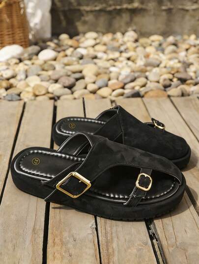 1 Pair Women's Blac Suede Buckle Mule Sandals Slides, Closed Toe Platform Casual Slippers For Summer Daily Wear,Beach Vacations