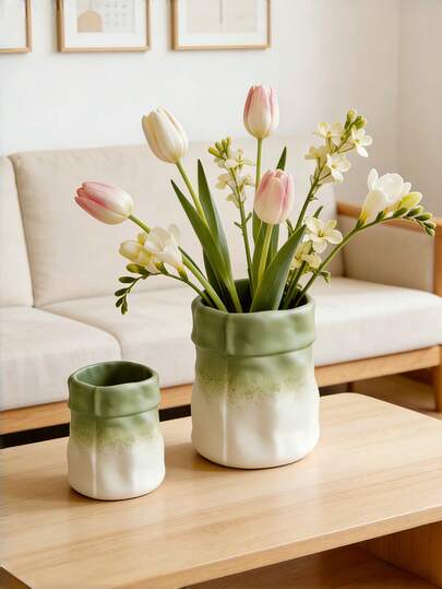 1pc Gradient Green Vase, Exquisite Cream-Colored Wood-Style Decorative Piece, Suitable For Home Living Room, Windowsill, And Tabletop Flower Arrangement. Available In Large And Small Sizes.