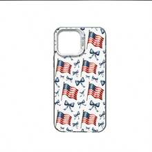 Funda para teléfono móvil con diseño de la bandera estadounidense, adornada con lazos y estrellas decorativas, adecuada para los modelos  16, 15, 14, 13, 12 y 11 Pro, fabricada en material TPU y ofrece protección a prueba de golpes. Perfecto para familiares, amigos, niños, cumpleaños, primavera, días festivos, novios, novias y regalos para el Día de San Valentín. - Color 1 - Ver 1