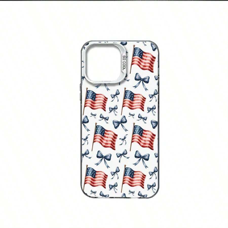 Funda para teléfono móvil con diseño de la bandera estadounidense, adornada con lazos y estrellas decorativas, adecuada para los modelos 16, 15, 14, 13, 12 y 11 Pro, fabricada en material TPU y ofrece protección a prueba de golpes. Perfecto para familiares, amigos, niños, cumpleaños, primavera, días festivos, novios, novias y regalos para el Día de San Valentín. - Color 1 - Ver 1