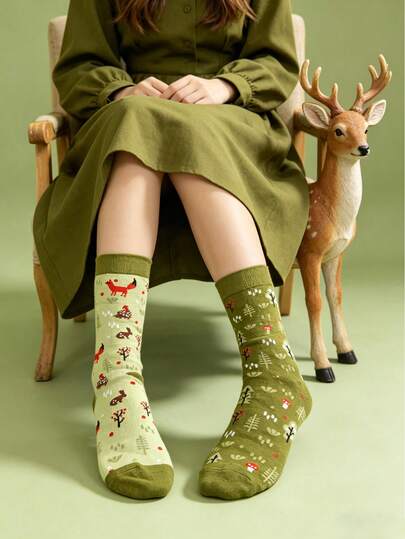 1 Par de Meias Casuais Elegantes Retrô Versáteis de Cano Médio com Estampa de Animal da Floresta Verde, Adequadas para Todas as Estações, Unissex