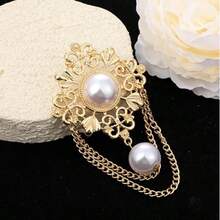 Vintage Round Pearl Filigree Flower Chain Tassel Brooches, Elegant Flower Badge Brooches, Dainty Boho Baroque Gold Dangle Drop Pin For Dress Suit Accessories Boutonniere Ideas Gift - Gold - View 7