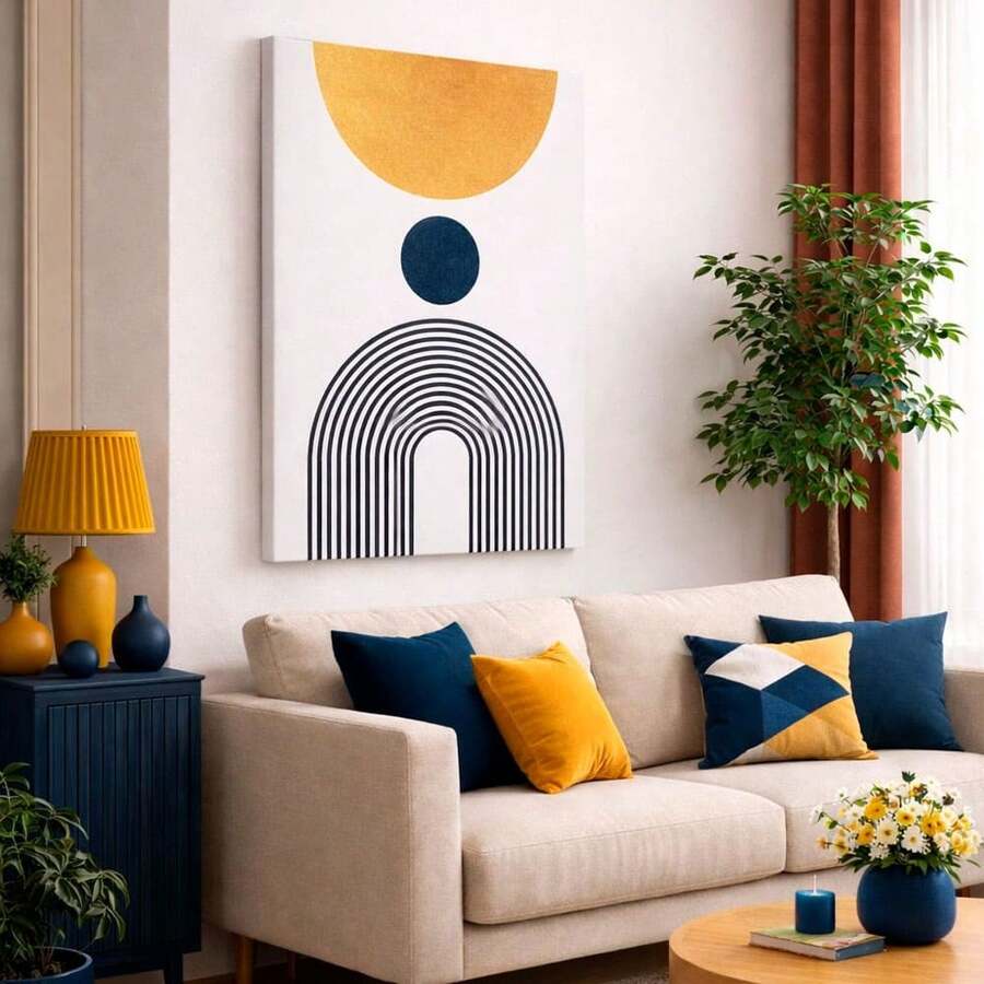 Quadro Decorativo Abstrato Minimalista Geométrico Canvas Moderno Sala Quarto Sem Vidro Pronto Para Pendurar - Desenho Animado - Visão 1
