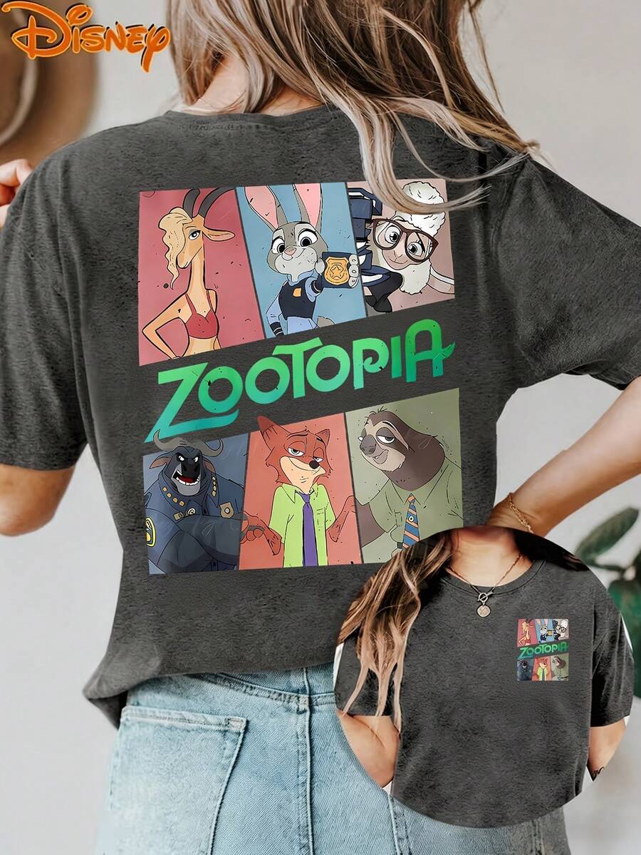 Disney License T Shirts,Disney Zootopia Women's Graphic T-Shirt, Retro Judy Hopps Nick Wilde Flash Slothmore Chief Bogo Bellwether Gazelle Cartoon Character Print Crew Neck Casual Loose Fit Short Sleeve Tee, Vintage Summer Casual Tops For Disney Theme Park Vacation Family Trip Daily Wear ,Camiseta, Summer Outfits For Women, Summer Clothes, Summer Tops, Tops For Women, Festival Outfits, Summer Tops For Women, Mother's Day, Mother's Day Clothing, Gifts For Family And Friends, Spring Outfits For Women, Officially Licensed Disney T-Shirts, Disney Men's And Women's Spring/Summer Fashion Casual Short-Sleeve T-Shirts - 灰色 - 查看 1