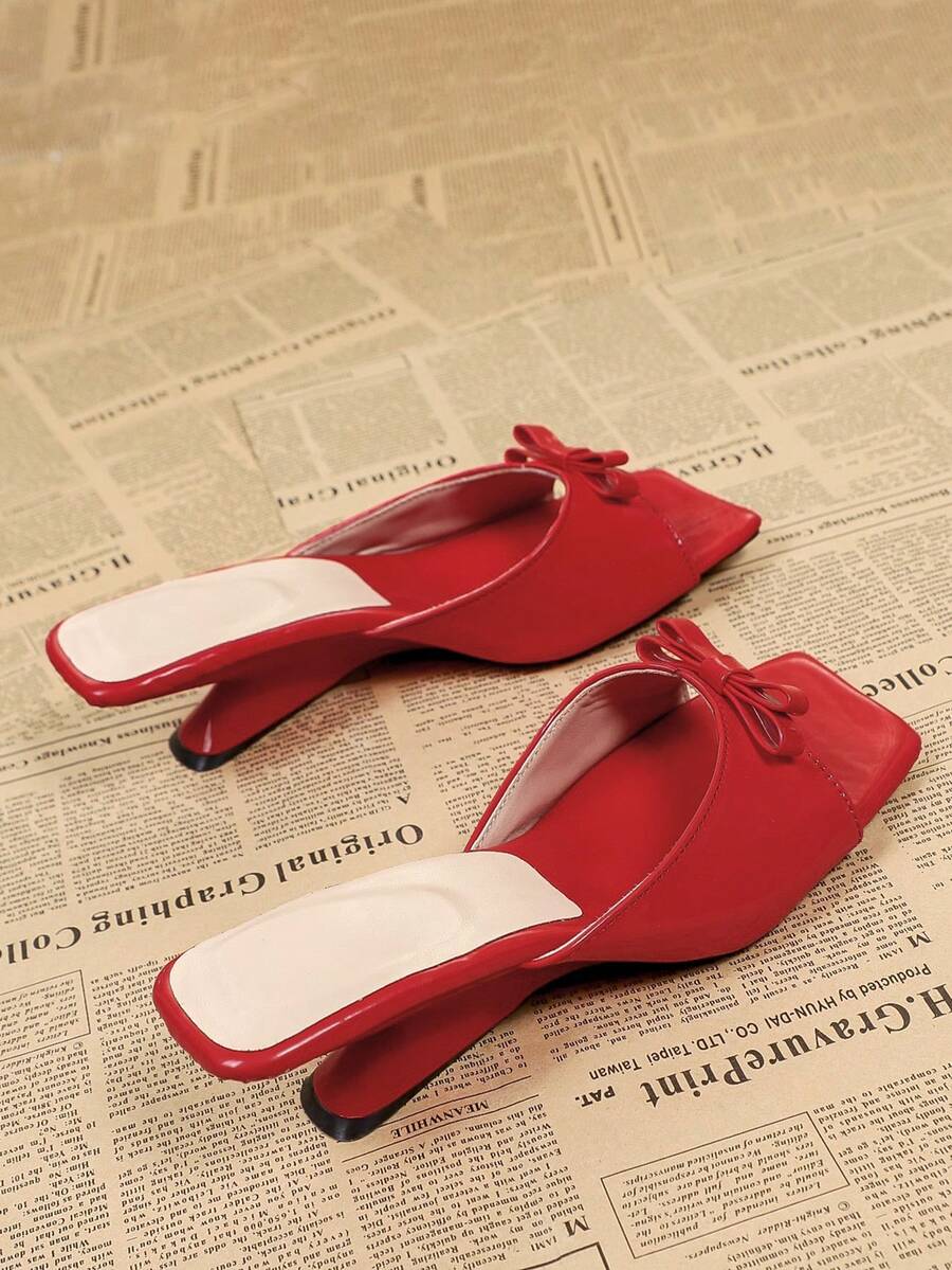 Fashionable Square Toe Bow Tie Women's High Heel Sandals, Summer Versatile Slip-On Mule Pumps - Red - View 1