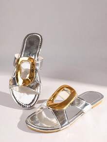 2026 Sandalias planas deslizantes para mujer, talla grande, de moda, adecuadas para todas las ocasiones, de popularidad mundial - Plateado - Ver 2