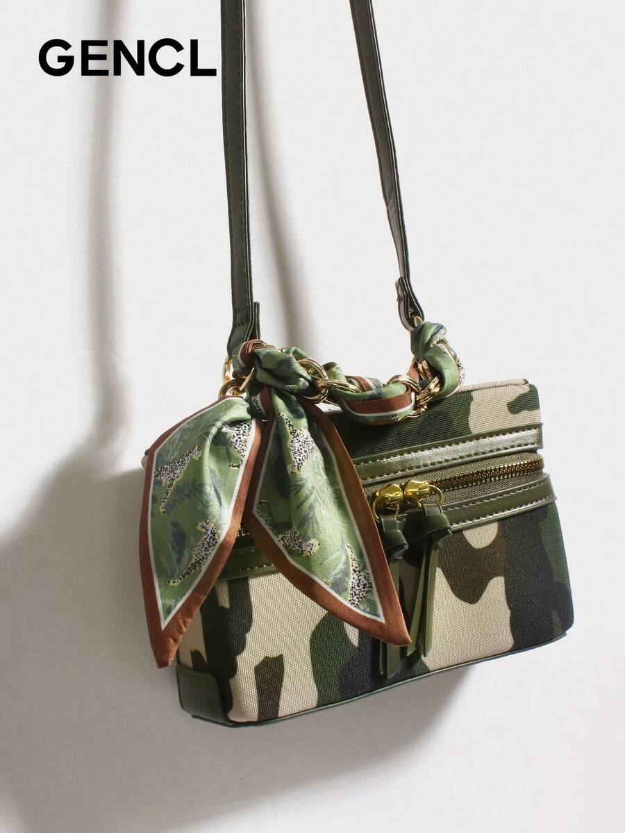 High-End Chic Retro Mini Cube Handbag, Soft Suede Crossbody Bag With Decor Silk Scarf Tassel, Stylish Chain Shoulder Bag For Women Summer Outfit - 杏迷彩 - 查看 1
